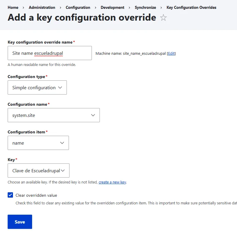 Formulario para sobrescribir la configuración del modulo Key.